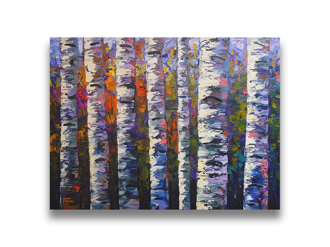 An expressive impasto painting of a birch forest. Parallel white trunks shadowed with blue and purple are backed by a rainbow of leaves. Printed on canvas.
