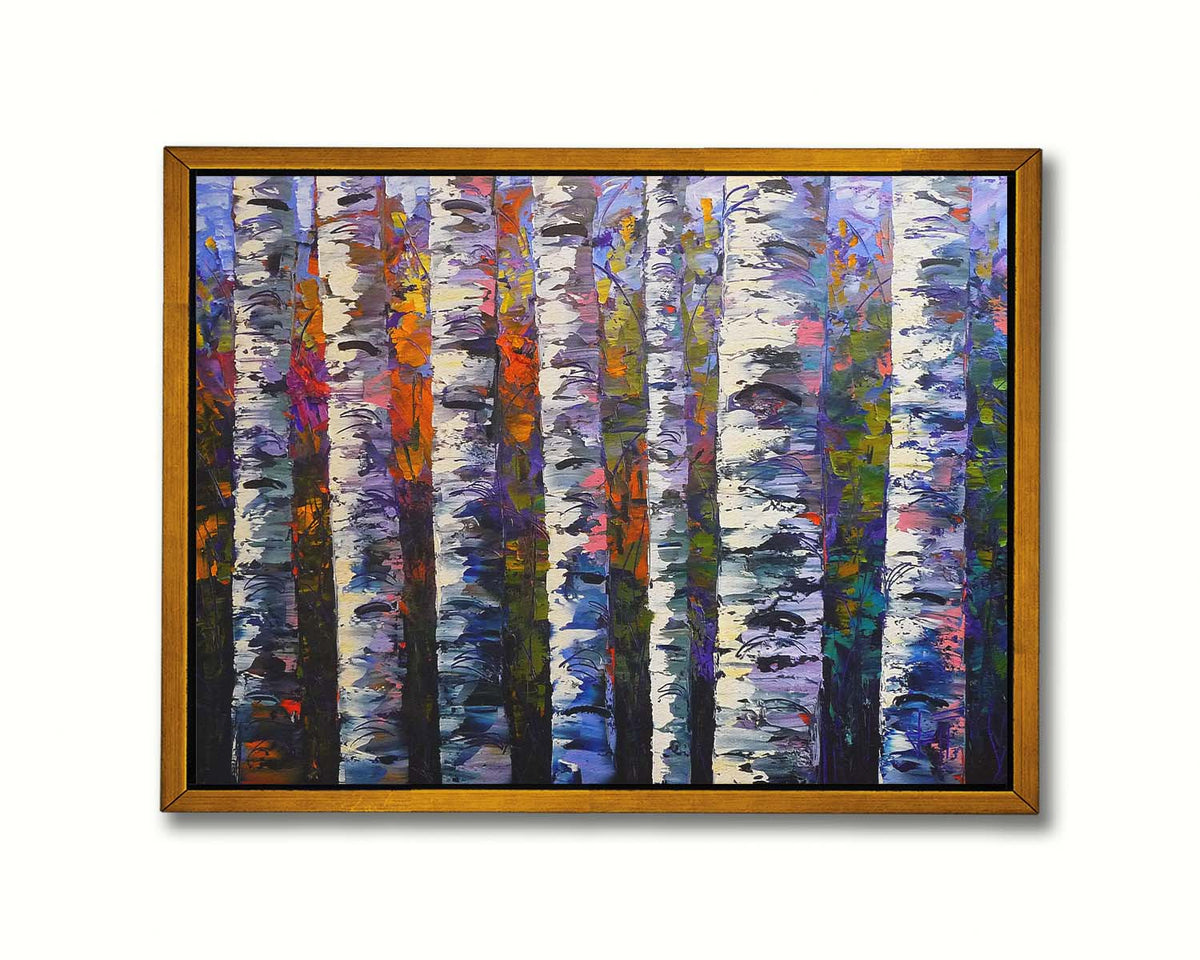 An expressive impasto painting of a birch forest. Parallel white trunks shadowed with blue and purple are backed by a rainbow of leaves. Printed on canvas in a float frame.