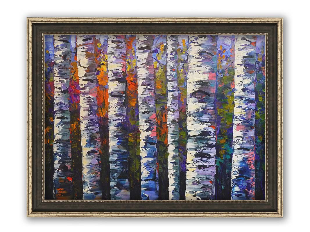 An expressive impasto painting of a birch forest. Parallel white trunks shadowed with blue and purple are backed by a rainbow of leaves. Printed on canvas and framed.