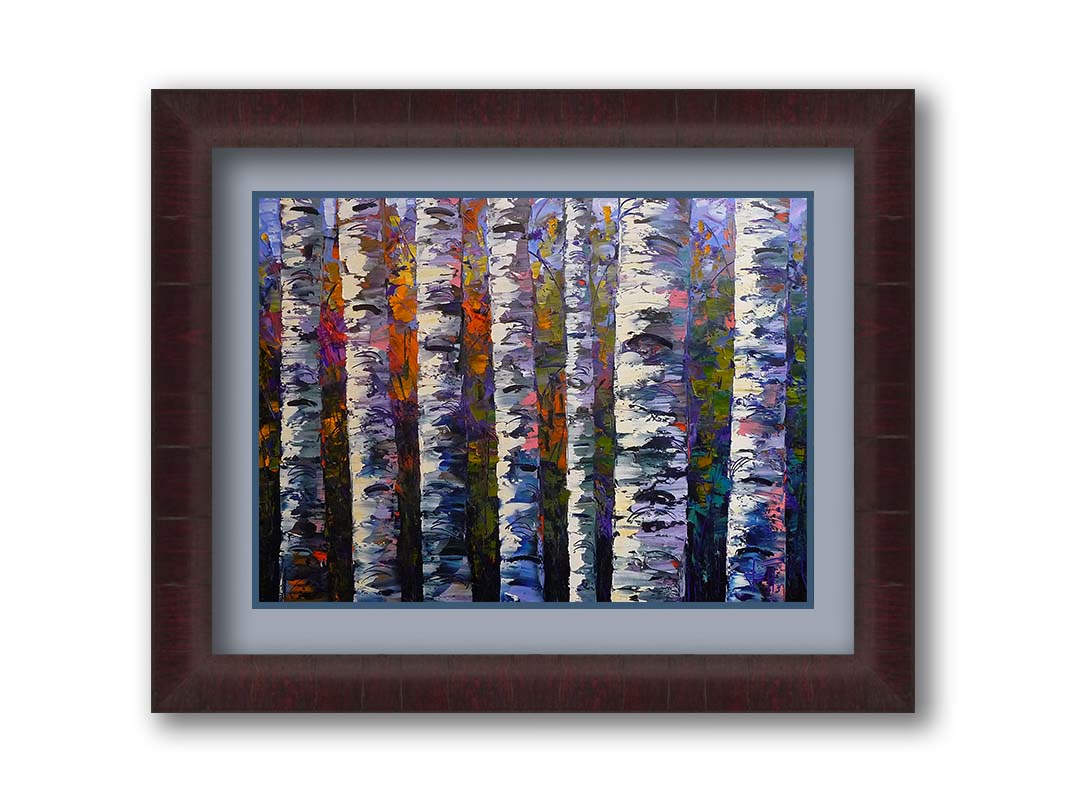 An expressive impasto painting of a birch forest. Parallel white trunks shadowed with blue and purple are backed by a rainbow of leaves. Printed on paper, matted, and framed.