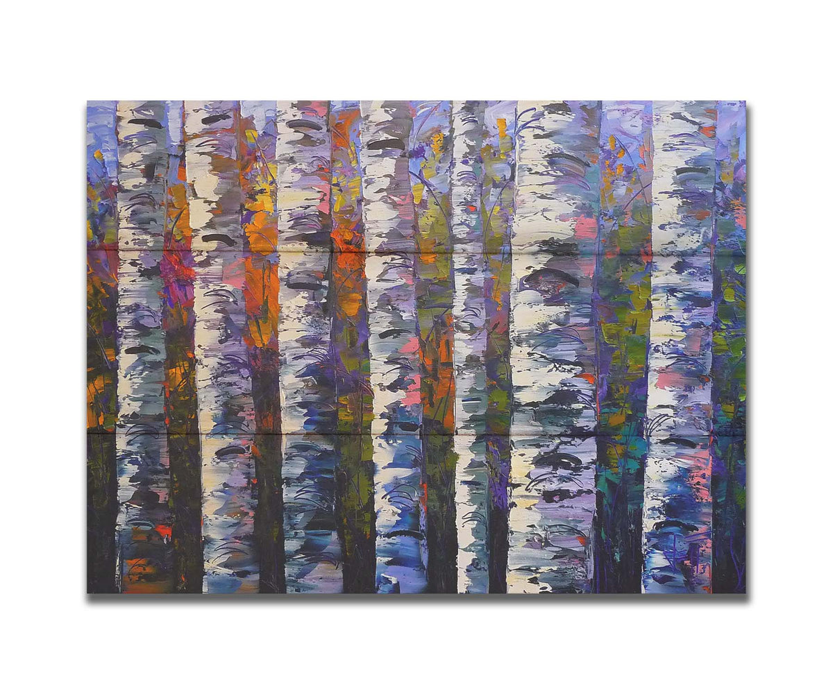 An expressive impasto painting of a birch forest. Parallel white trunks shadowed with blue and purple are backed by a rainbow of leaves. Printed on a box board.