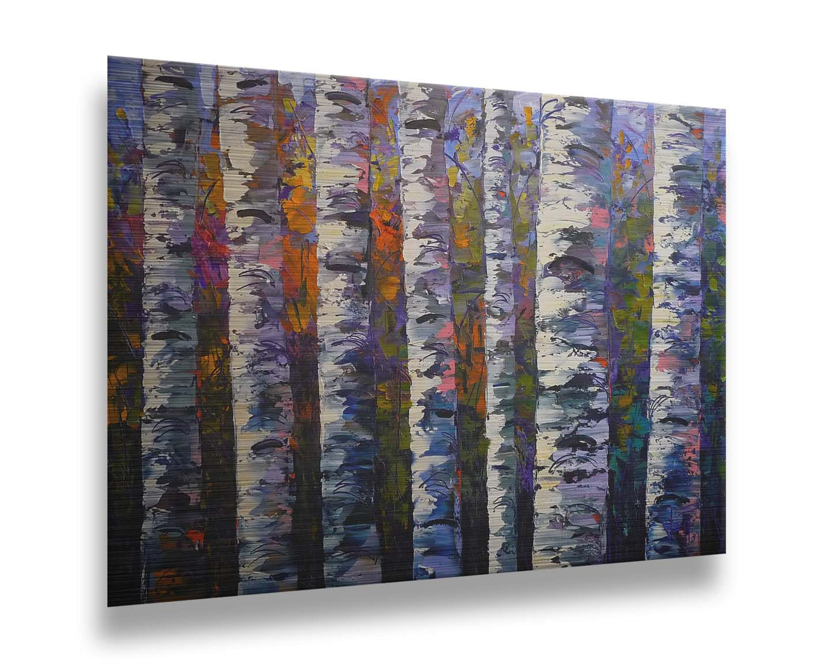 An expressive impasto painting of a birch forest. Parallel white trunks shadowed with blue and purple are backed by a rainbow of leaves. Printed on metal.