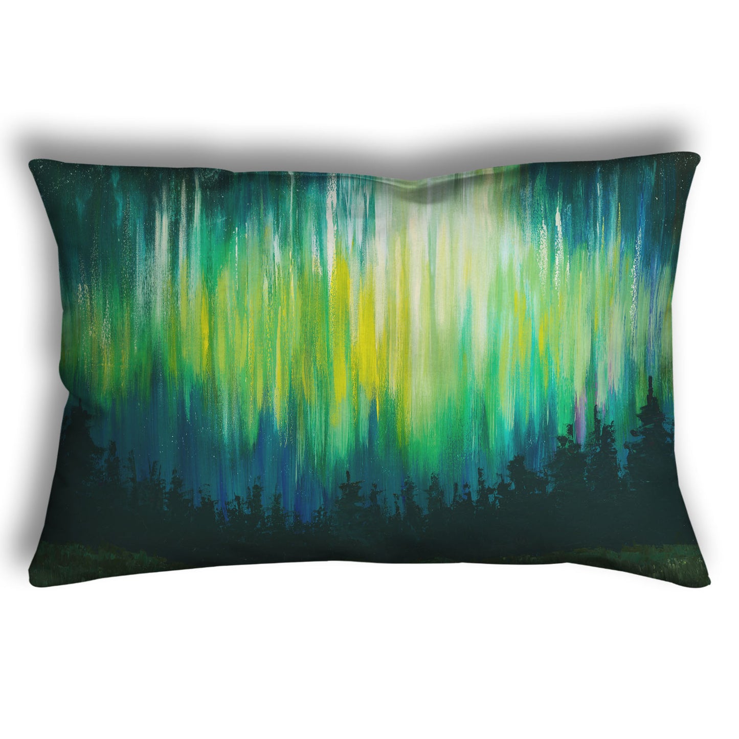 A throw pillow printed with a painting of a colorful aurora in yellow, green, and blue above an evergreen forest.
