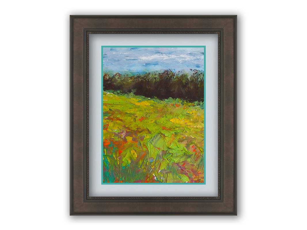 A landscape painting of a colorful meadow bordered by a lush forest, created using vibrant green impasto with pops of orange, pink, yellow, and blue. Printed on paper, matted, and framed.