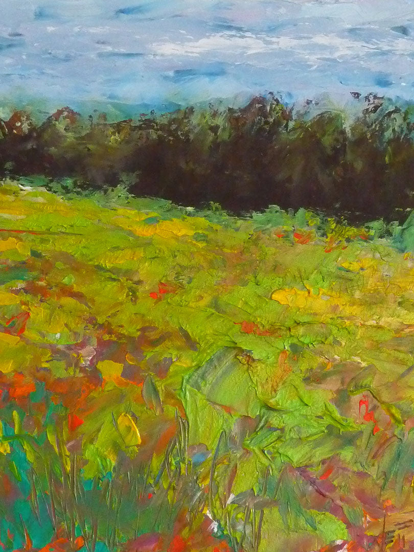 A landscape painting of a colorful meadow bordered by a lush forest, created using vibrant green impasto with pops of orange, pink, yellow, and blue.