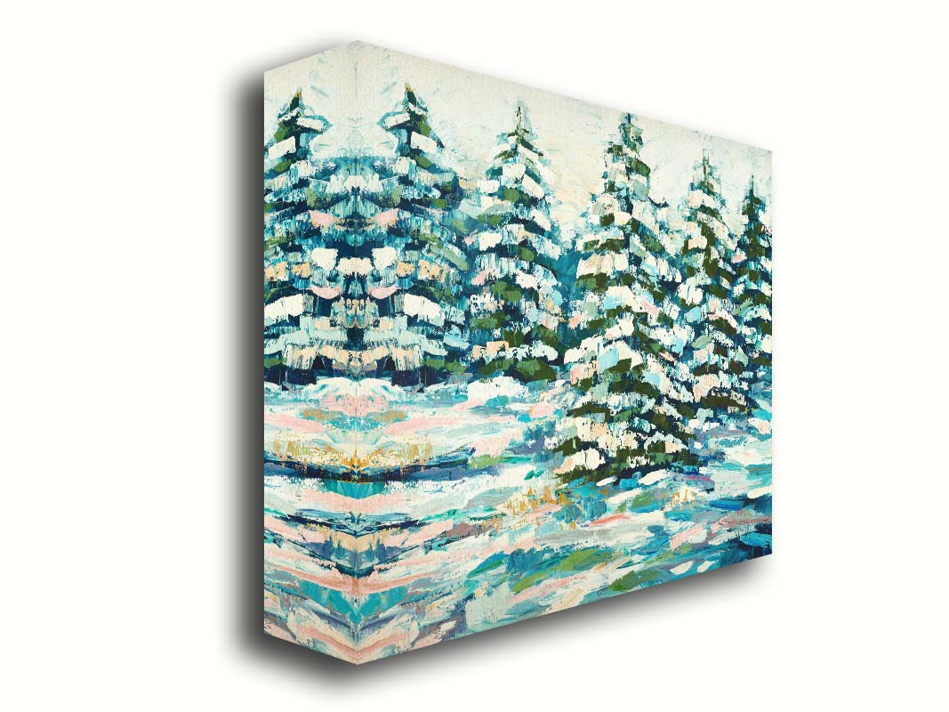 A painting of a snowy evergreen forest, textured with thick layers of paint. Printed on canvas.