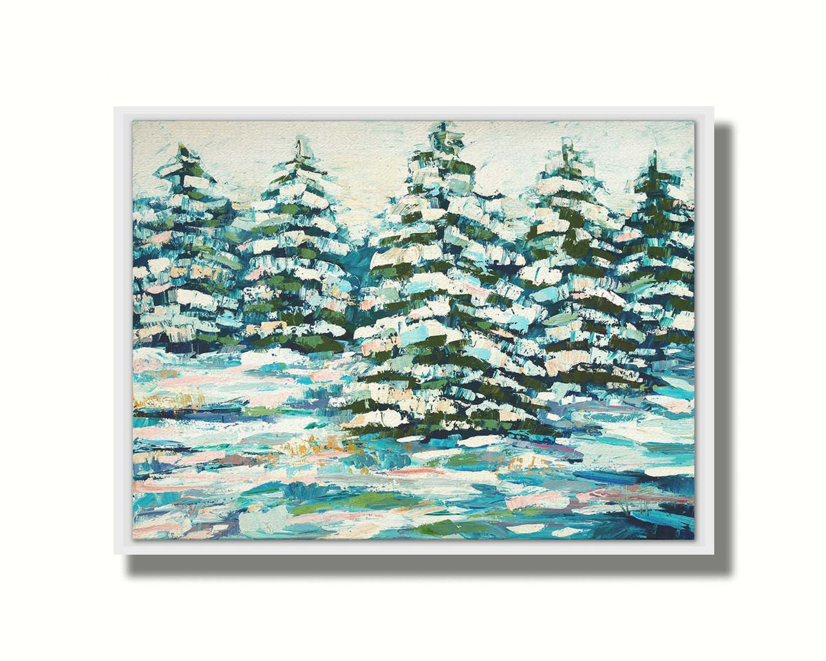 A painting of a snowy evergreen forest, textured with thick layers of paint. Printed on canvas in a float frame.