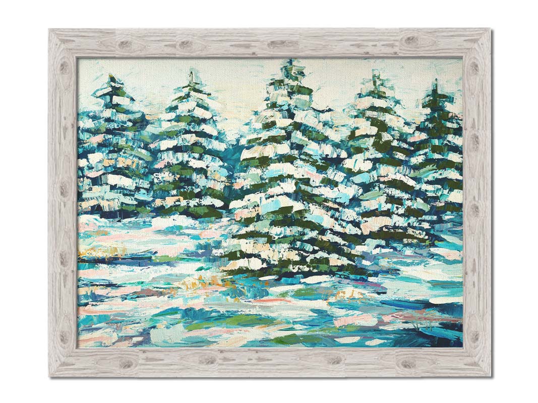 A painting of a snowy evergreen forest, textured with thick layers of paint. Printed on canvas and framed.