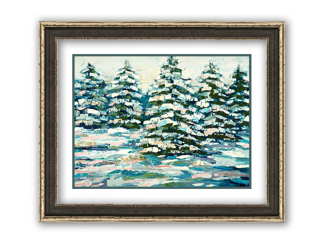 A painting of a snowy evergreen forest, textured with thick layers of paint. Printed on paper, matted, and framed.