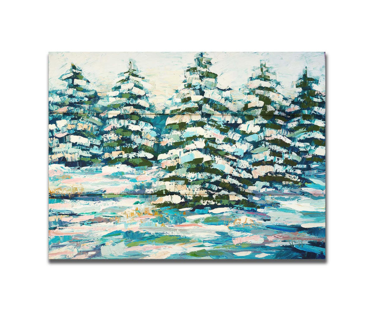 A painting of a snowy evergreen forest, textured with thick layers of paint. Printed on a box board.