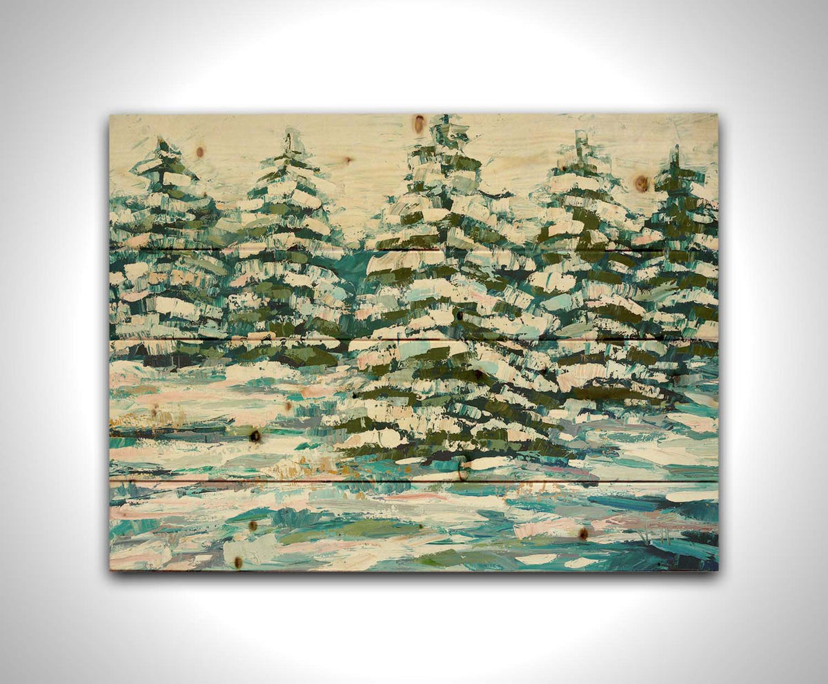 A painting of a snowy evergreen forest, textured with thick layers of paint. Printed on a wood pallet.