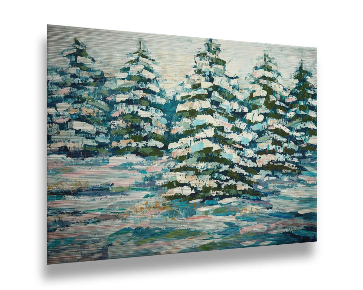 A painting of a snowy evergreen forest, textured with thick layers of paint. Printed on metal.