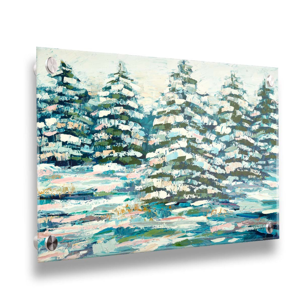 A painting of a snowy evergreen forest, textured with thick layers of paint. Printed on acrylic.