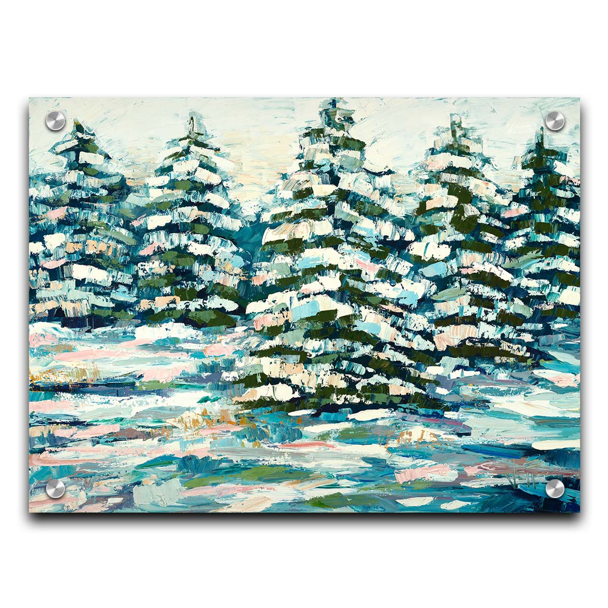 A painting of a snowy evergreen forest, textured with thick layers of paint. Printed on acrylic.