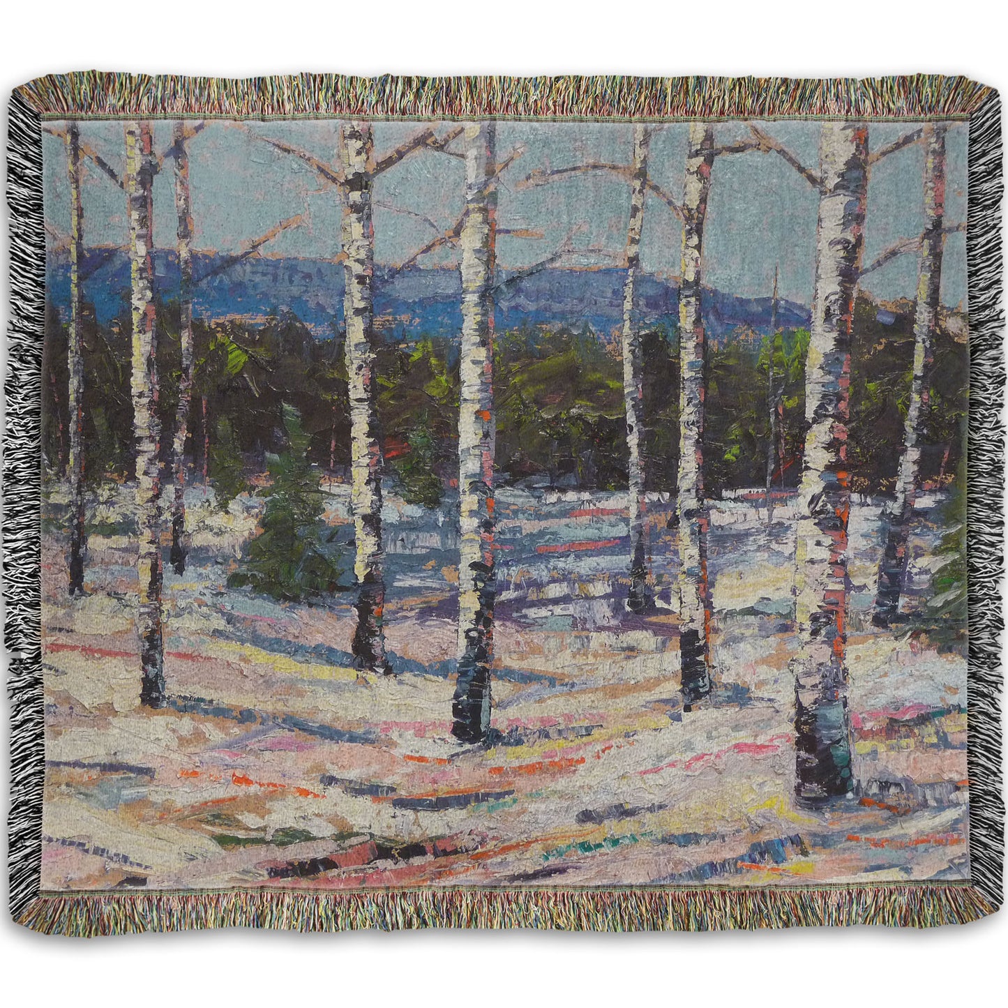 Woven throw blanket printed with a painting of birch trees in a snowy landscape with mountains in the background.