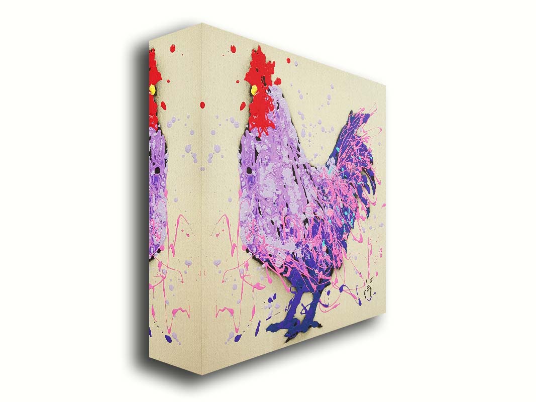 A drip painting of a rooster in shades of purple, pink, and blue against an off-white background. Printed on canvas.