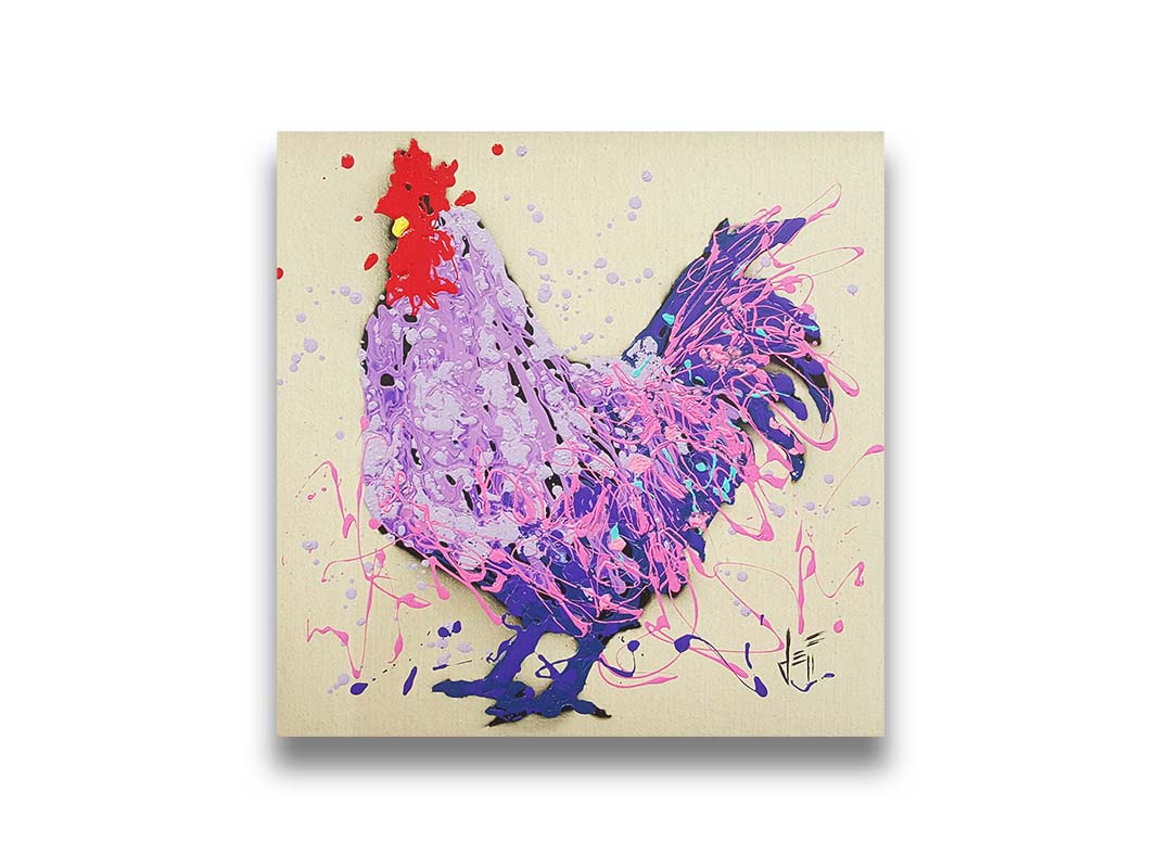A drip painting of a rooster in shades of purple, pink, and blue against an off-white background. Printed on canvas.