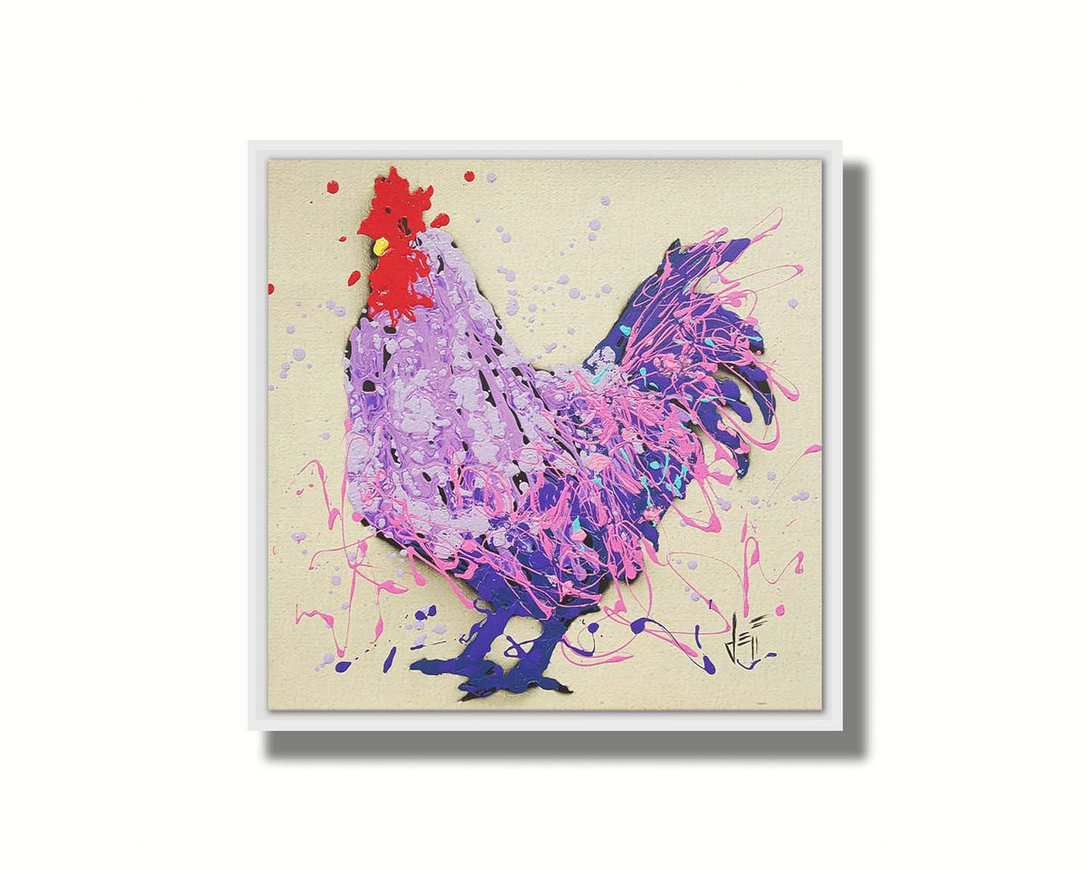 A drip painting of a rooster in shades of purple, pink, and blue against an off-white background. Printed on canvas in a float frame.