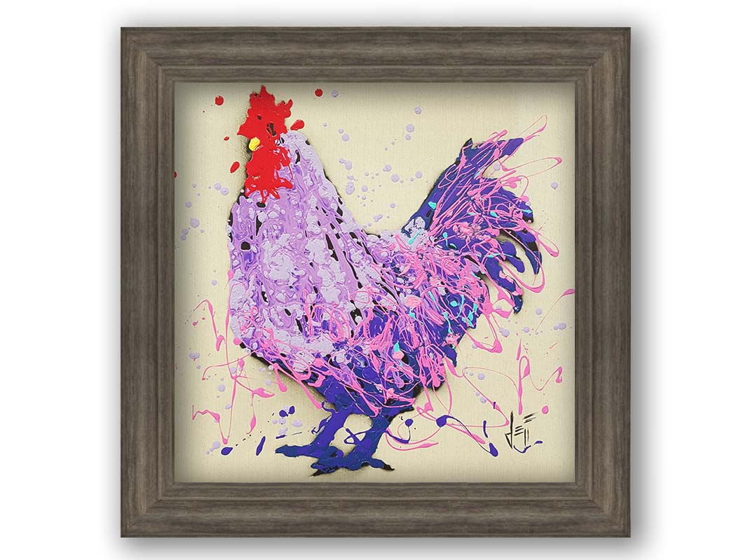 A drip painting of a rooster in shades of purple, pink, and blue against an off-white background. Printed on canvas and framed.