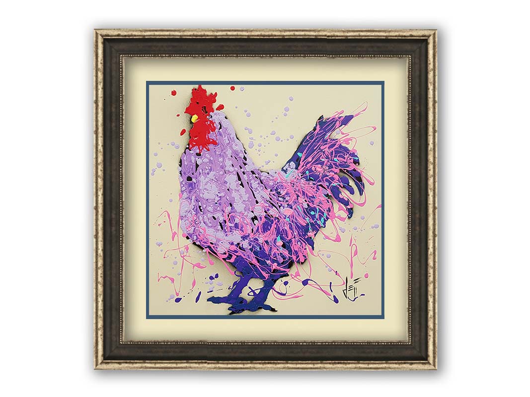 A drip painting of a rooster in shades of purple, pink, and blue against an off-white background. Printed on paper, matted, and framed.