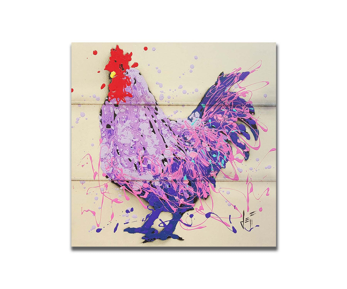 A drip painting of a rooster in shades of purple, pink, and blue against an off-white background. Printed on a box board.