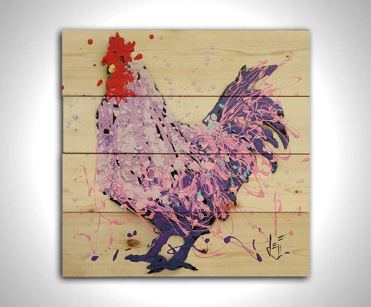 A drip painting of a rooster in shades of purple, pink, and blue against an off-white background. Printed on a wood pallet.
