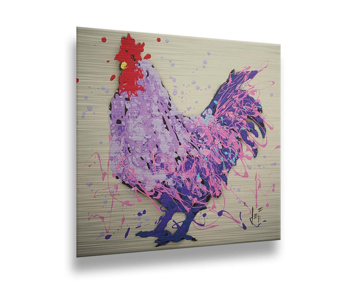 A drip painting of a rooster in shades of purple, pink, and blue against an off-white background. Printed on metal.