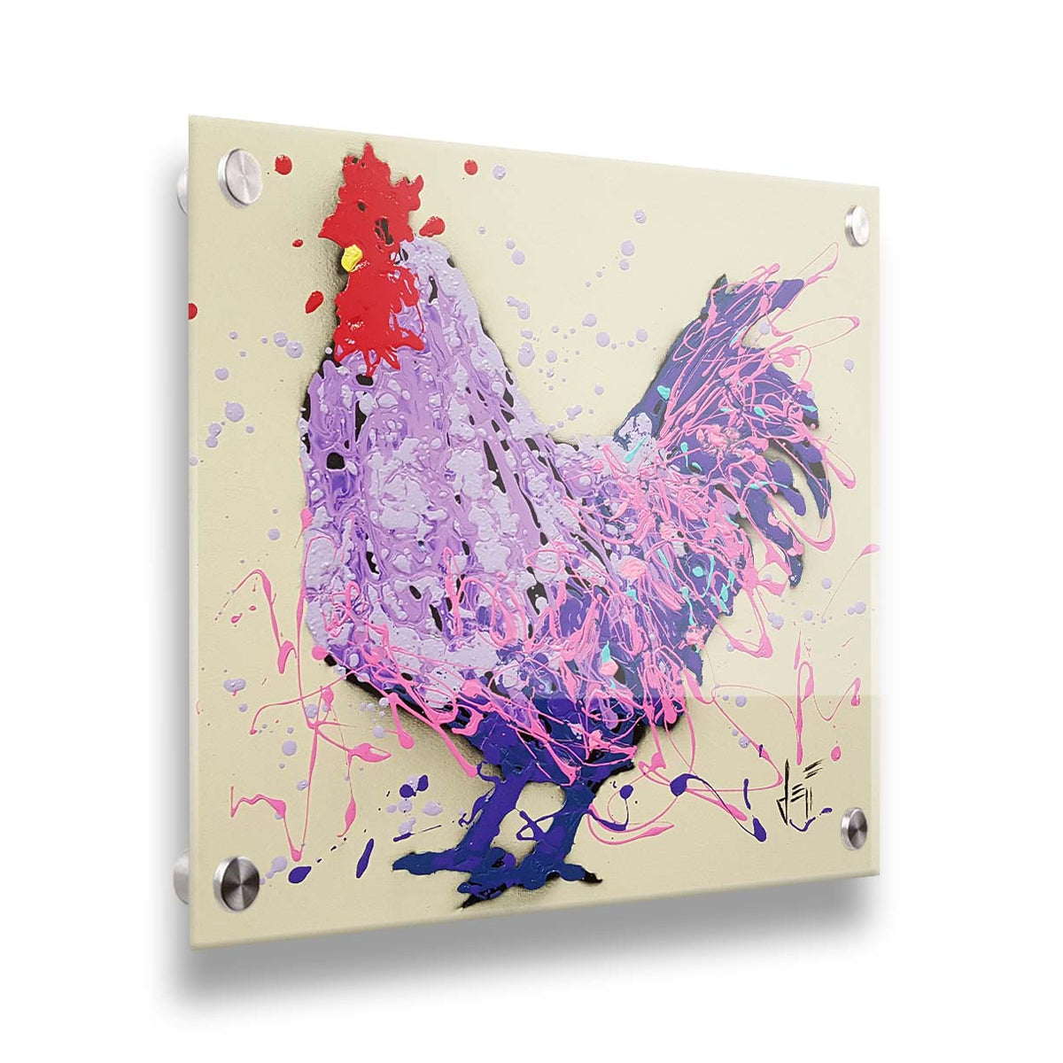 A drip painting of a rooster in shades of purple, pink, and blue against an off-white background. Printed on acrylic.