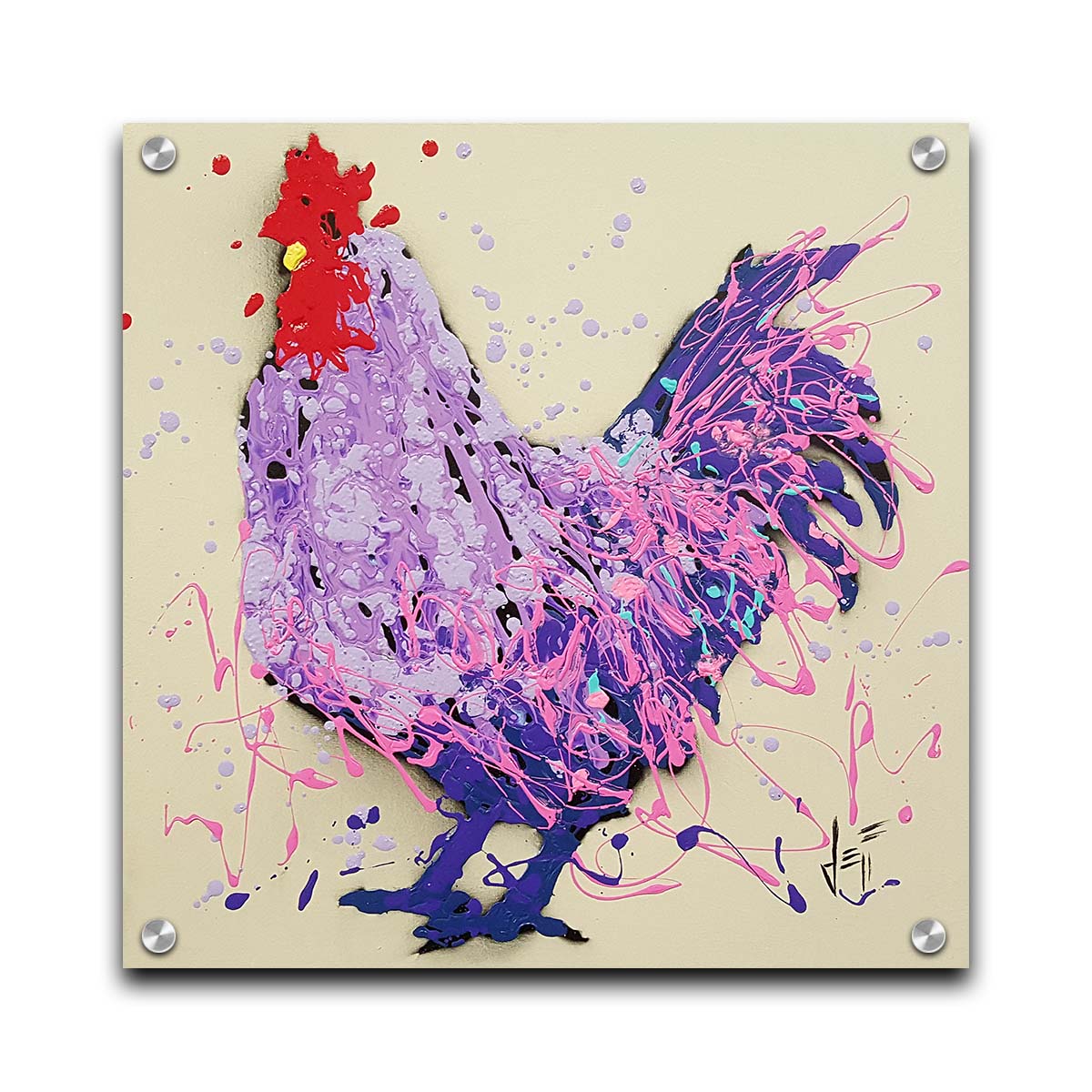 A drip painting of a rooster in shades of purple, pink, and blue against an off-white background. Printed on acrylic.