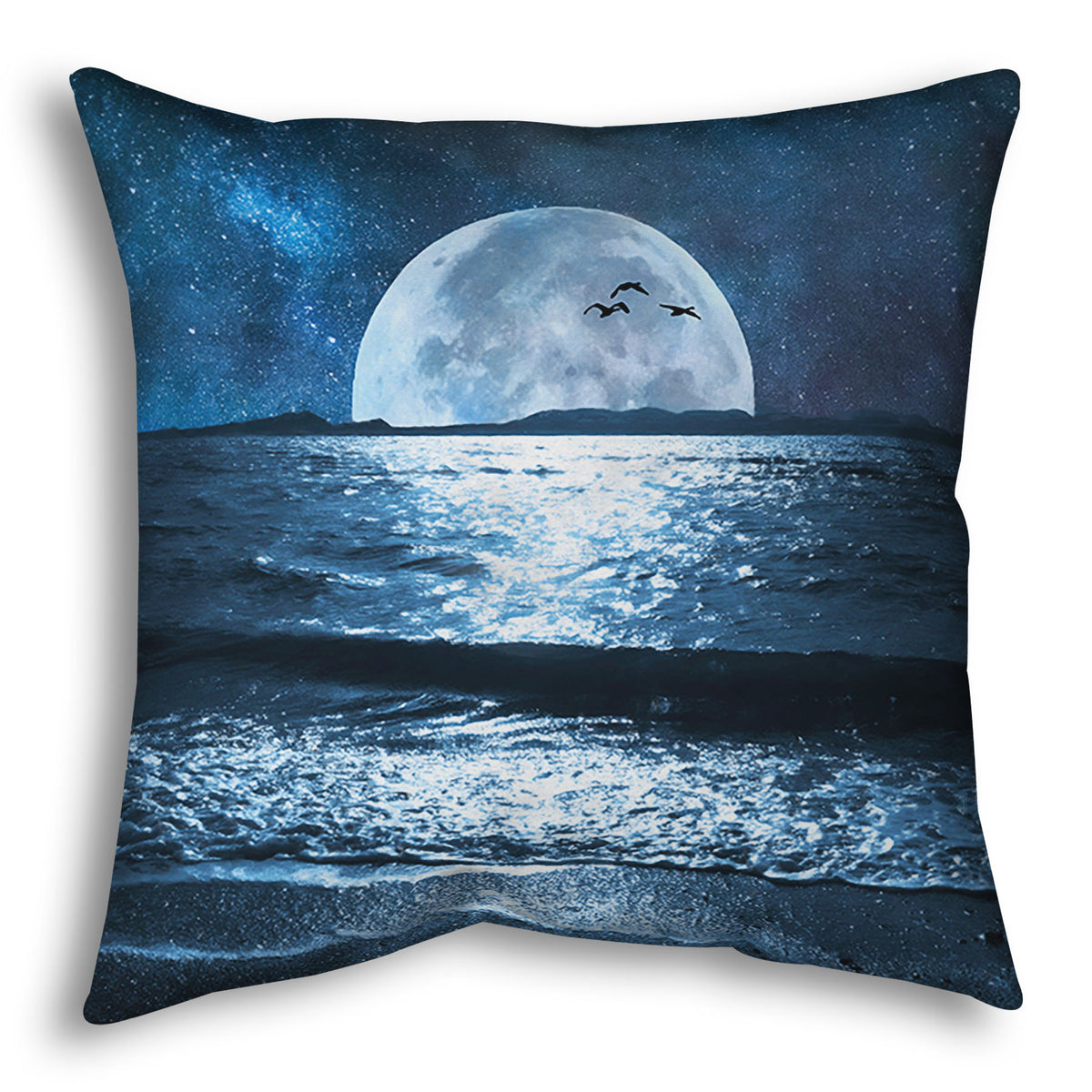 A throw pillow designed with a photo of a full moon over the horizon of a calm, dark sea during a starry night.