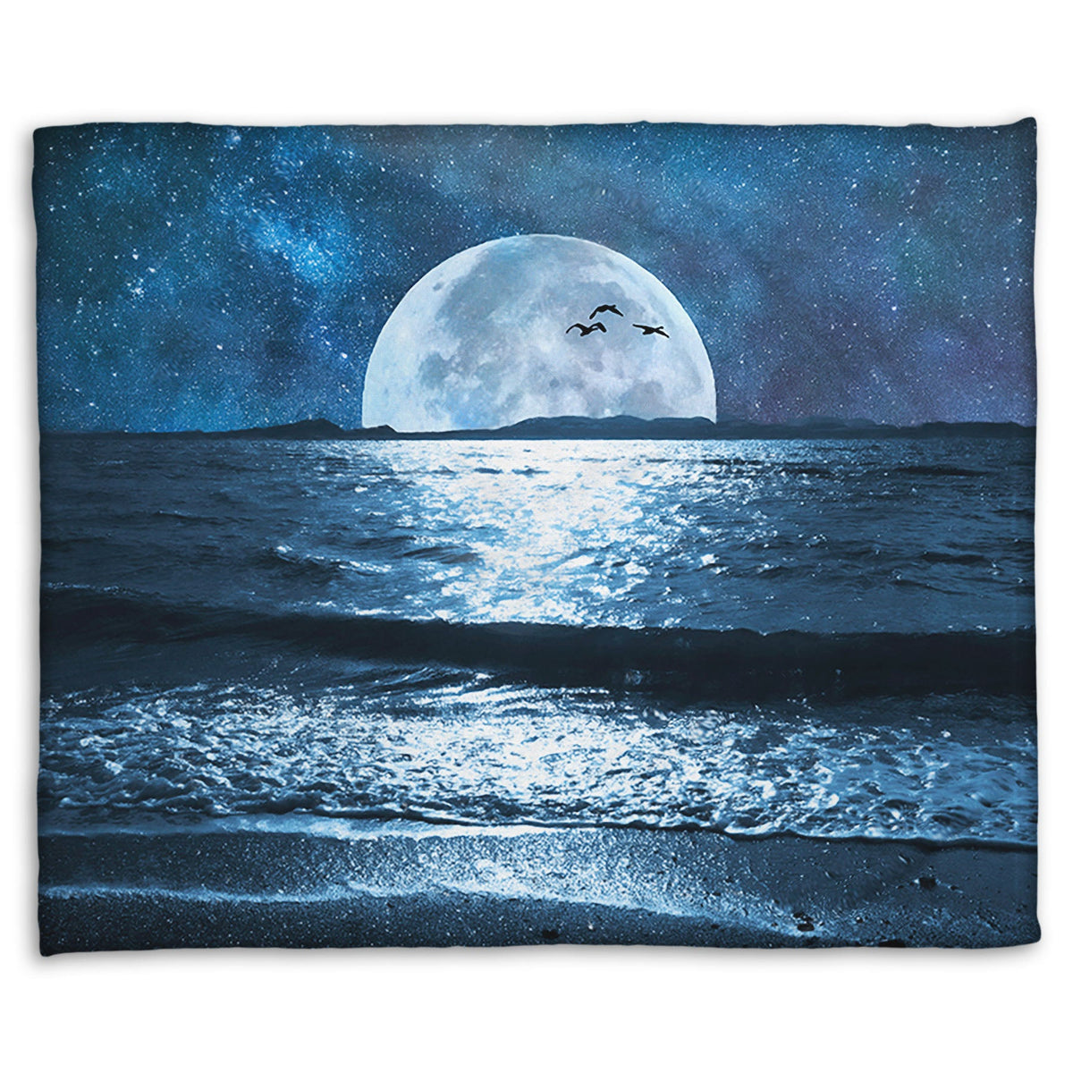 A coral fleece throw blanket designed with a photo of a full moon over the horizon of a calm, dark sea during a starry night.