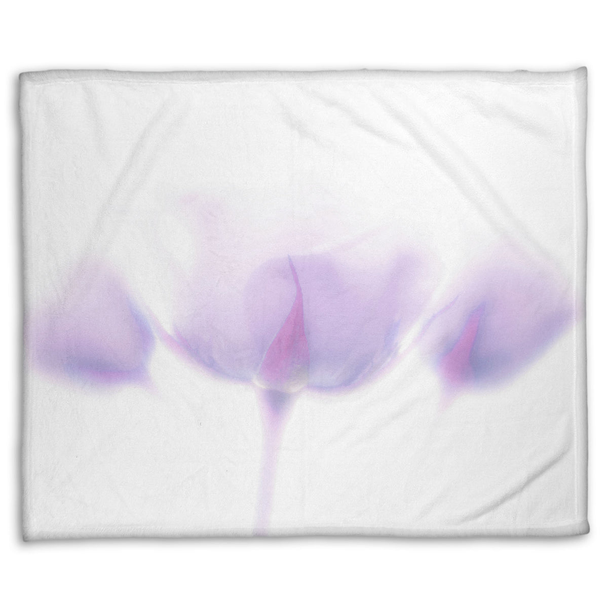 A fleece throw blanket designed with a photo of three pale purple roses against a pure white background, enveloped in a gentle white glow.