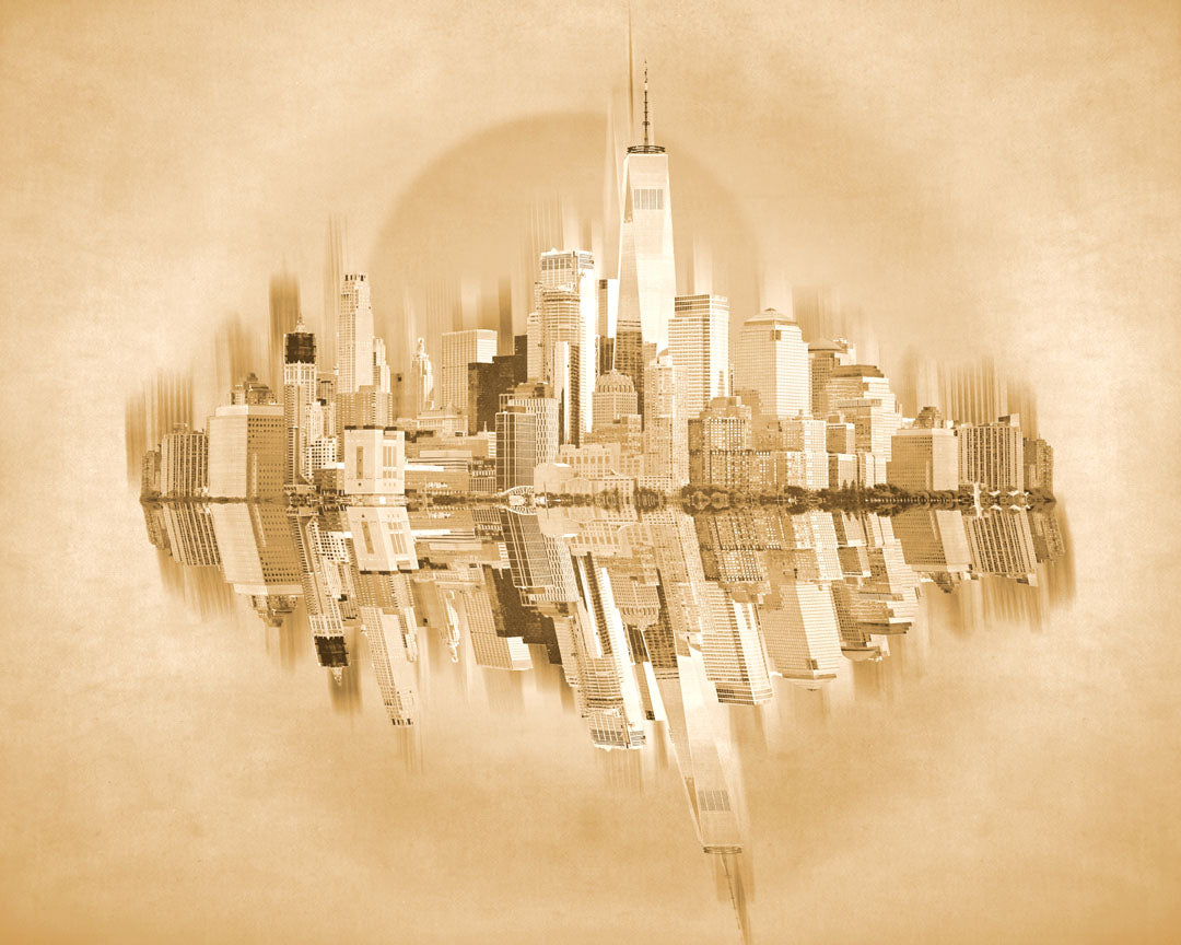 A fine art photo of the New York City skyline and its reflection, in a monochrome gold palette.