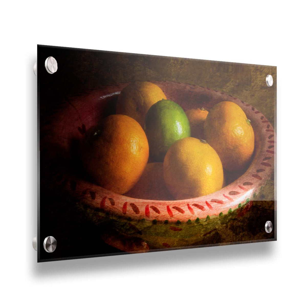 A photo of a bowl of oranges, with one lime placed in the center. Printed on acrylic.