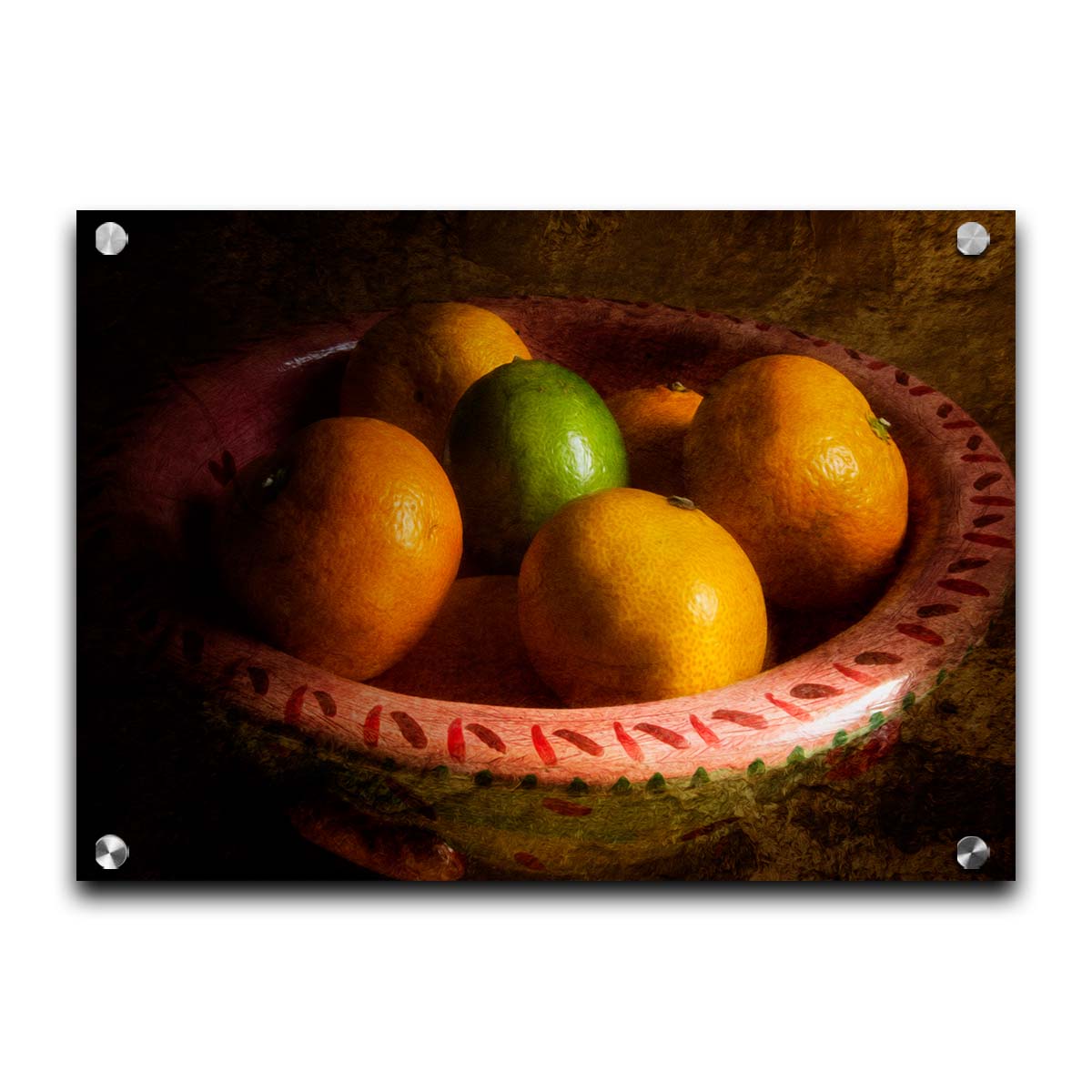 A photo of a bowl of oranges, with one lime placed in the center. Printed on acrylic.