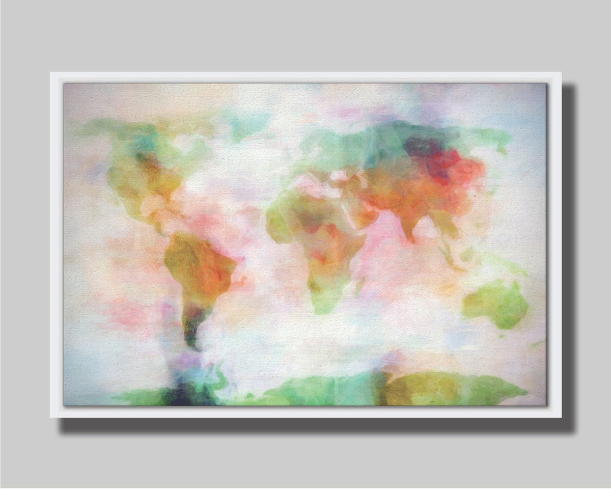 A graphic of the world map, digitally edited in a watercolor-like style in red, yellow, and green on white. Printed on canvas in a float frame.