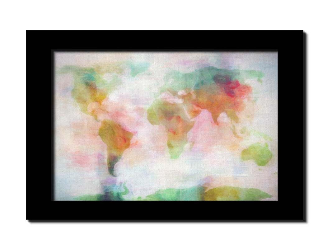A graphic of the world map, digitally edited in a watercolor-like style in red, yellow, and green on white. Printed on canvas and framed.