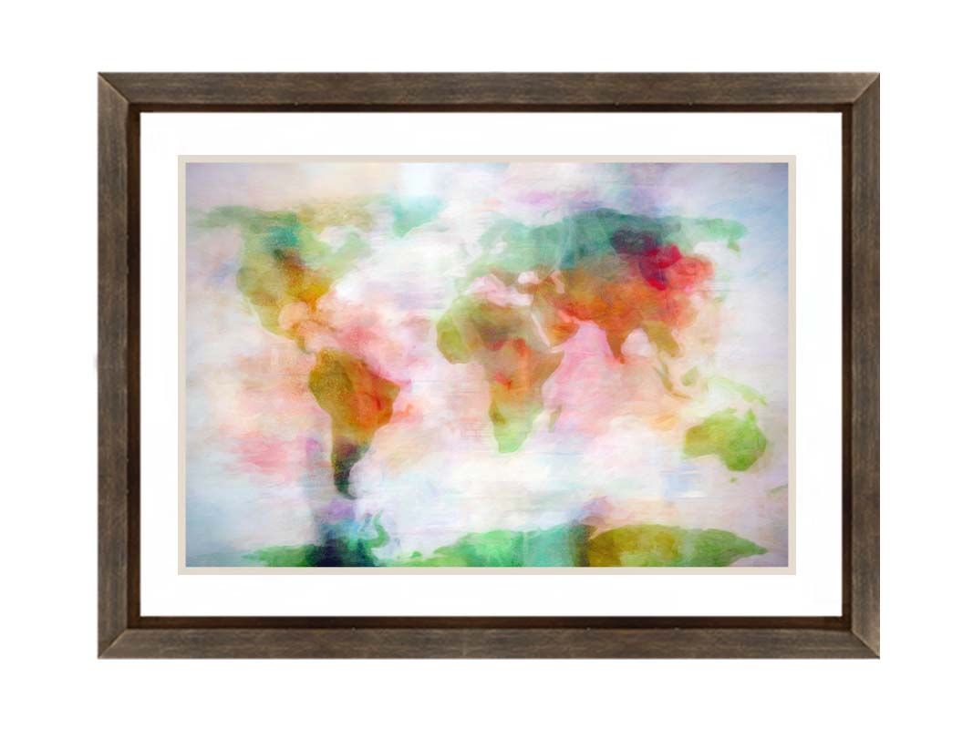 A graphic of the world map, digitally edited in a watercolor-like style in red, yellow, and green on white. Printed on paper, matted, and framed.
