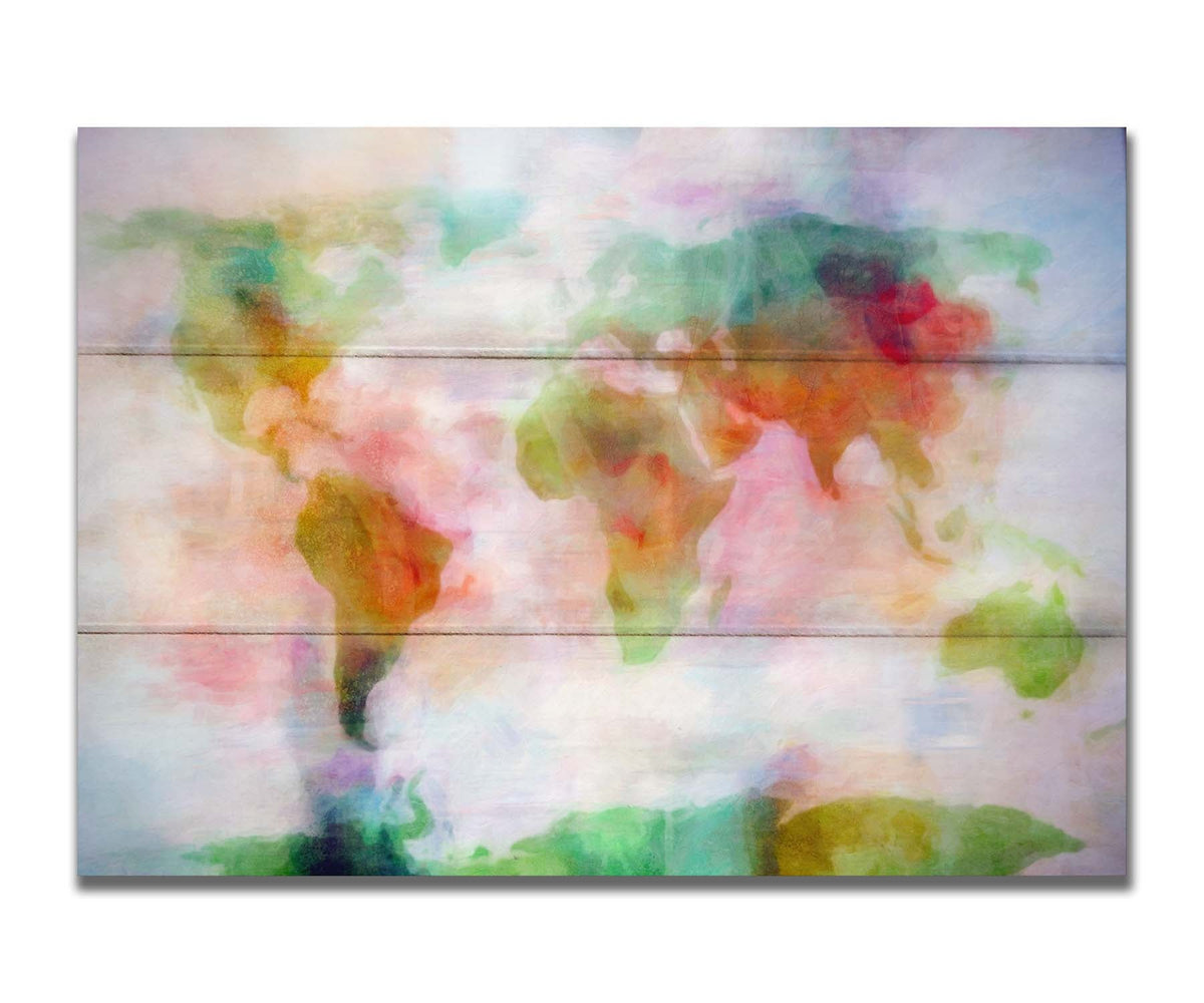 A graphic of the world map, digitally edited in a watercolor-like style in red, yellow, and green on white. Printed on a box board.