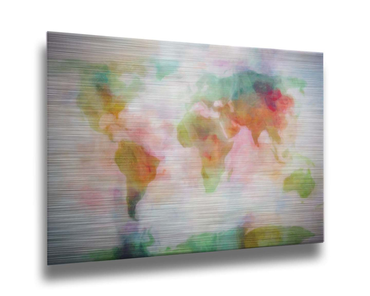 A graphic of the world map, digitally edited in a watercolor-like style in red, yellow, and green on white. Printed on metal.