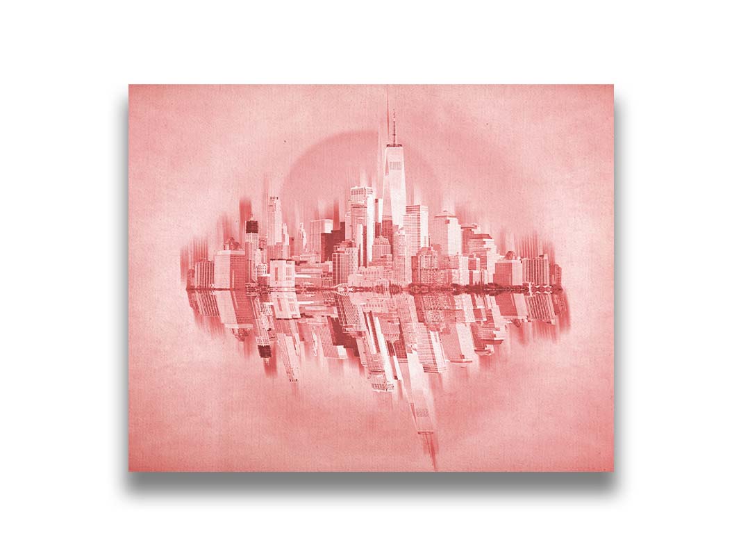 A fine art photo of the New York City skyline and its reflection, in a monochrome red palette. Printed on canvas.