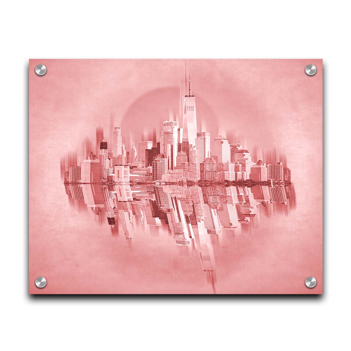 A fine art photo of the New York City skyline and its reflection, in a monochrome red palette. Printed on acrylic.
