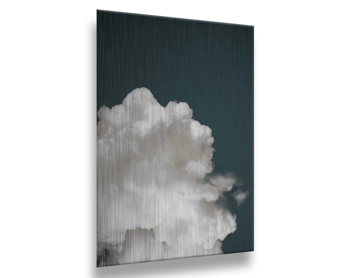 An edited photo of a fluffy white cloud against a deep navy blue background. Printed on metal.