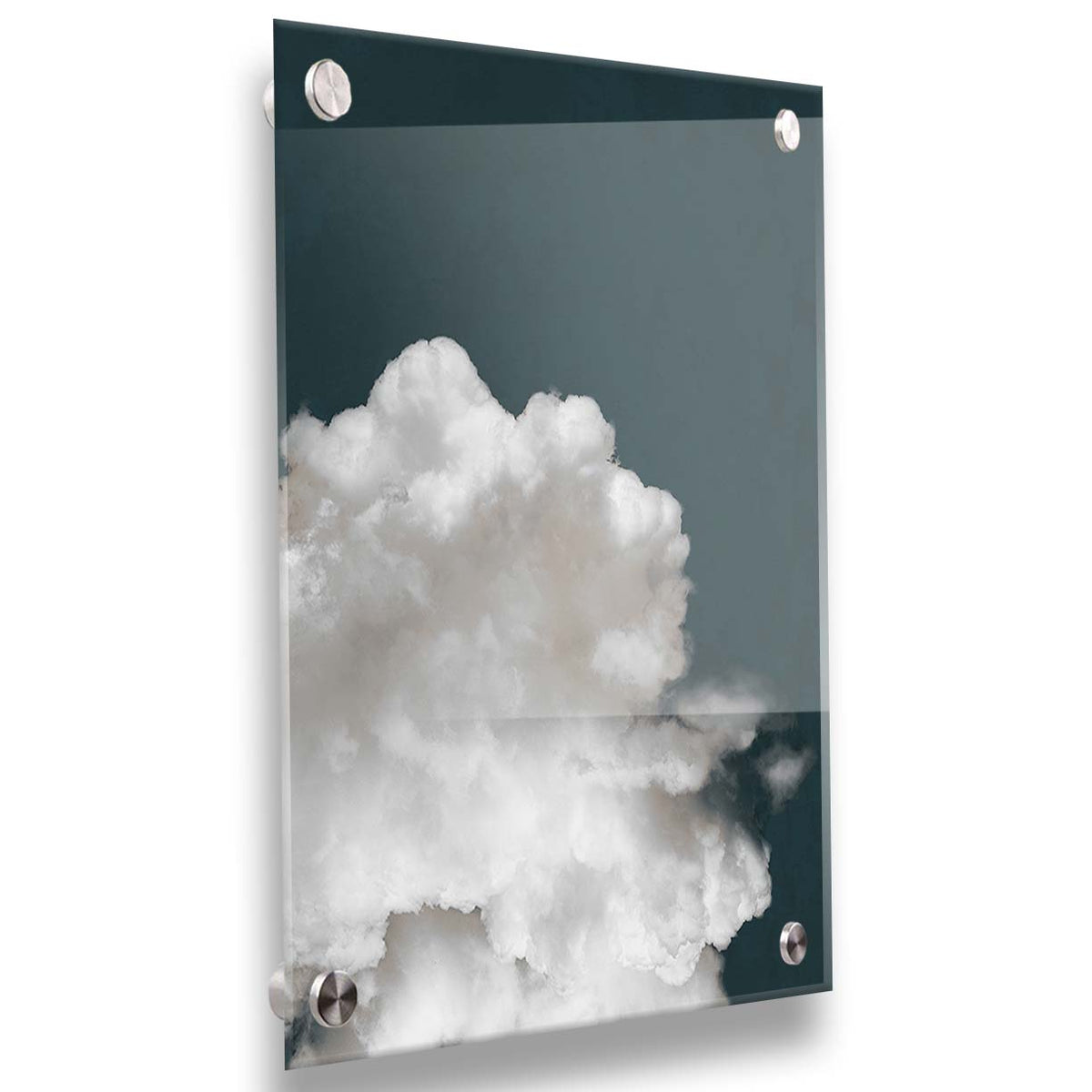An edited photo of a fluffy white cloud against a deep navy blue background. Printed on acrylic.