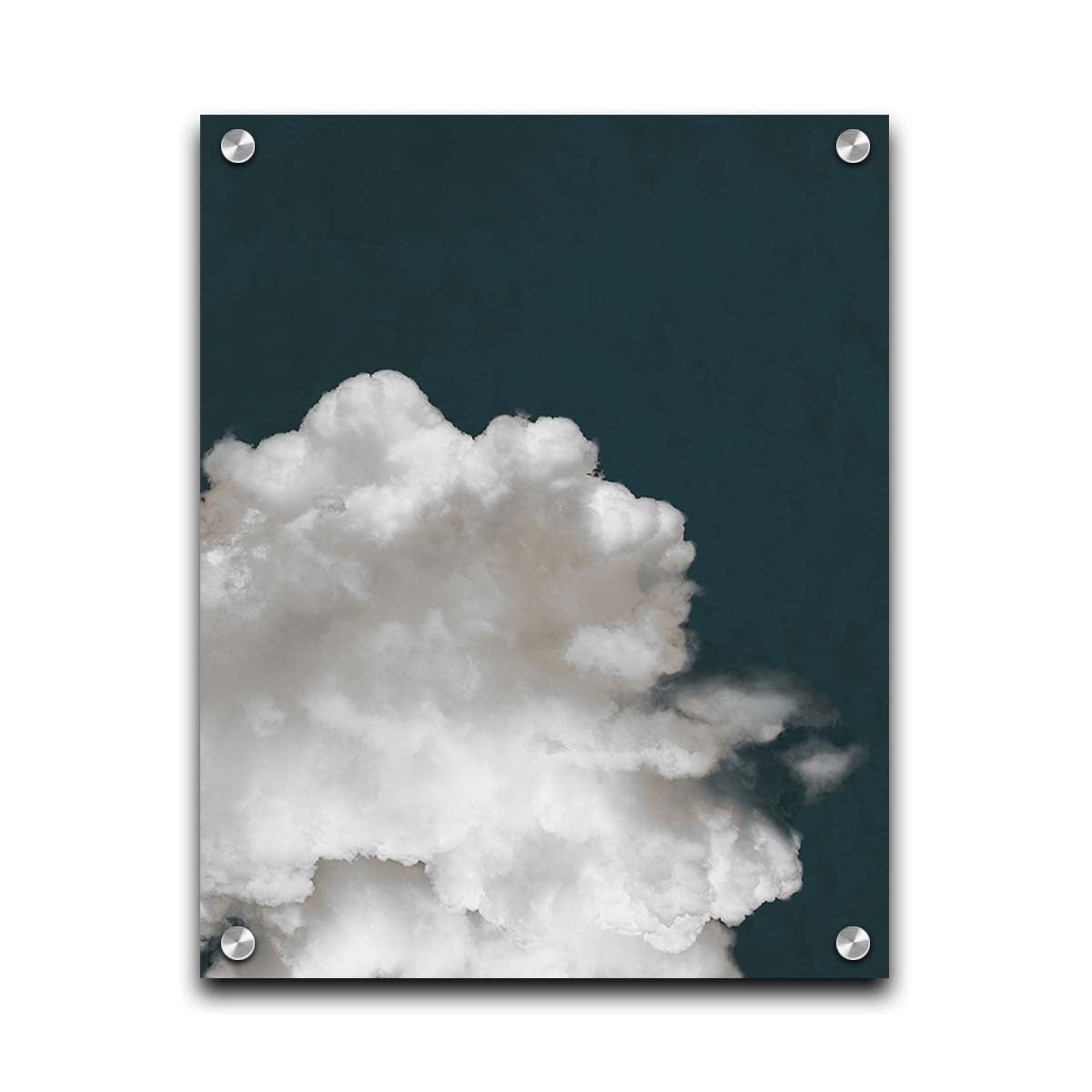 An edited photo of a fluffy white cloud against a deep navy blue background. Printed on acrylic.