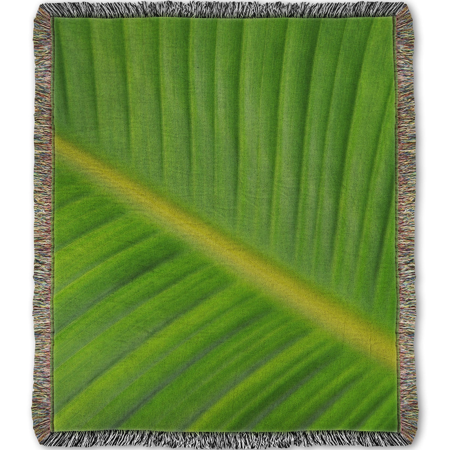 A woven throw blanket designed with a closeup photo of a leaf of a bird of paradise palm, showing all the detail of the midrib and veins of the leaf.