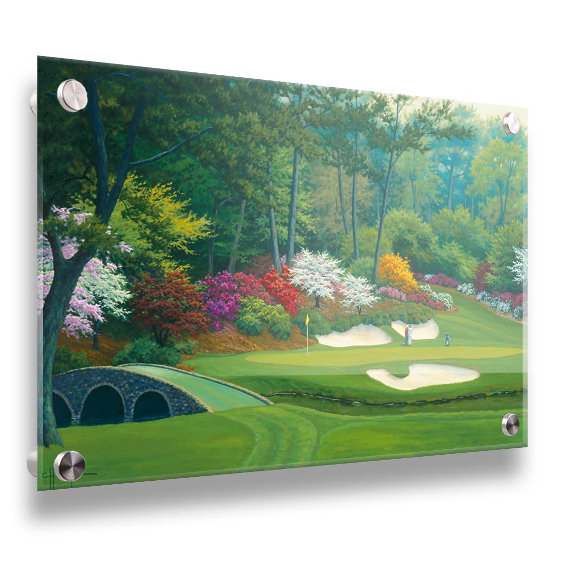 A painting of the Augusta Nationals golf course in Georgia. The course is encircled by foliage and flowers of all colors, and a bridged stream runs through the center. A few golfers stand near a small sand pit, lining up a shot to the nearby hole. Printed on acrylic.