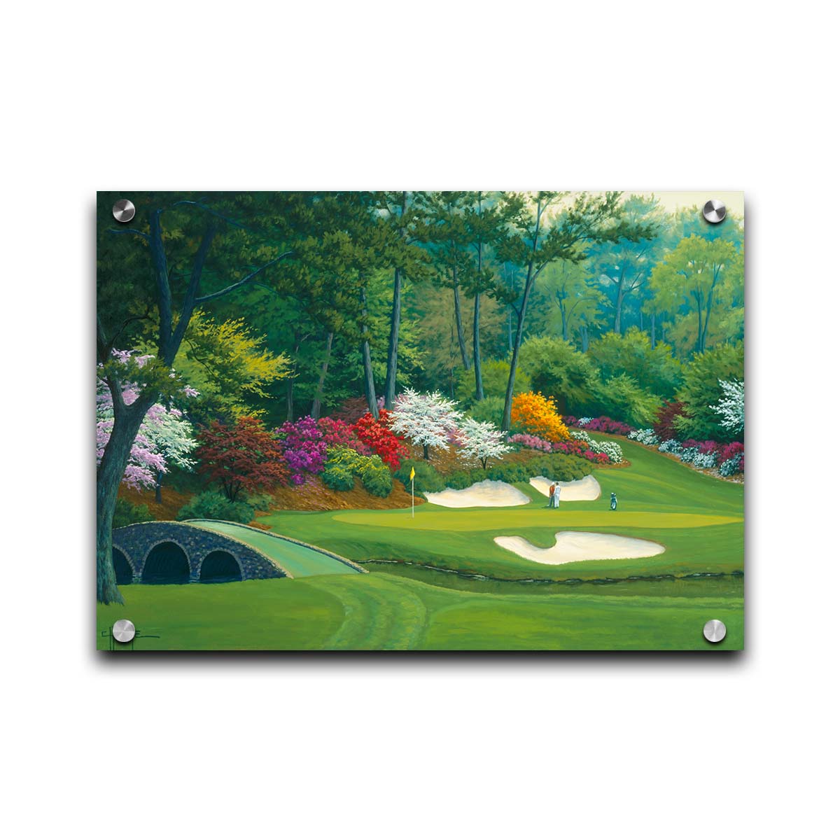 A painting of the Augusta Nationals golf course in Georgia. The course is encircled by foliage and flowers of all colors, and a bridged stream runs through the center. A few golfers stand near a small sand pit, lining up a shot to the nearby hole. Printed on acrylic.
