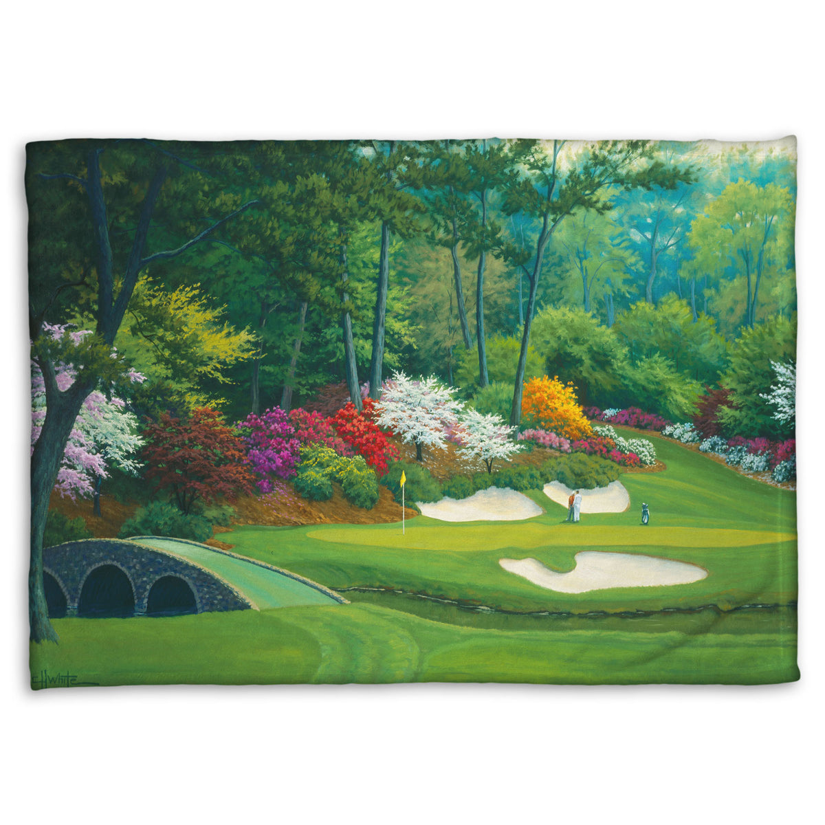 Coral fleece blanket designed with a painting of the Augusta Nationals golf course in Georgia.
