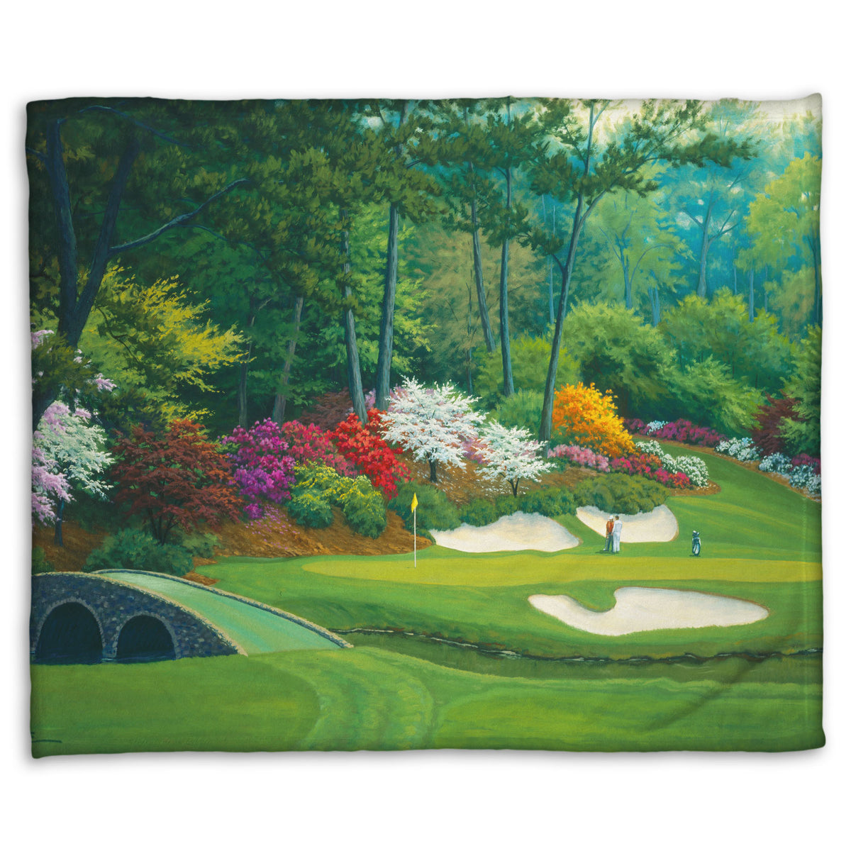 Coral fleece blanket designed with a painting of the Augusta Nationals golf course in Georgia.